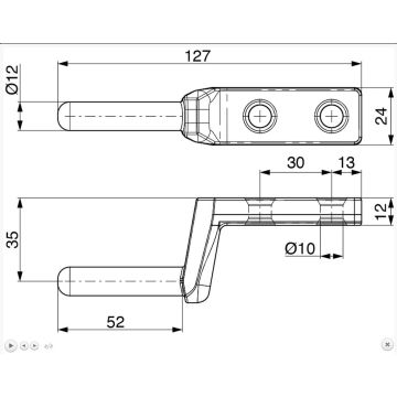 Axe de charnière L 127 mm, axe L 52 mm, Ø 12 mm
