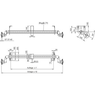 Essieu non freiné UBR 750kg, A: 1400mm, C: 1830mm