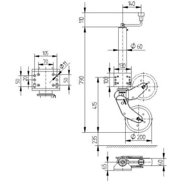 Stützrad    500kg  60mm  Hub 235mm Knott